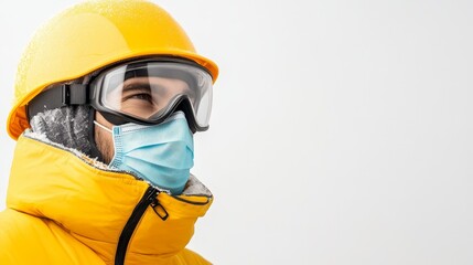 Man in yellow jacket and mask, a portrait of safety protection in urban setting