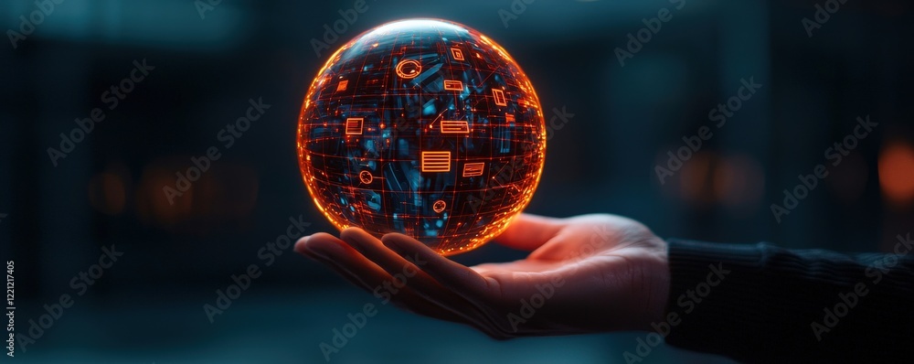 Aufkleber energy efficiency carbon optimization concept. a hand holds a glowing sphere with digital patterns, 