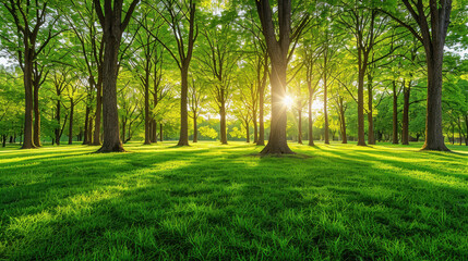 Obraz premium serene forest scene at dusk, showcasing tall trees with vibrant green leaves and soft sunlight filtering through, creating peaceful atmosphere