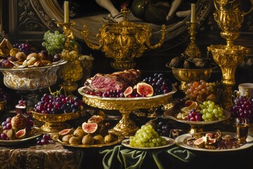 Fototapeta premium Sumptuous baroque tableau with roasted meat, golden-hued grapes, and ripe figs adorning opulent serving platters