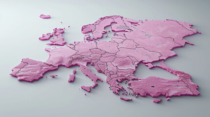 pink map of Europe displayed against light gray background, showcasing continent geographical features and borders in unique and artistic style
