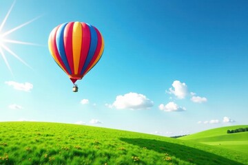 Naklejka premium Ballon soaring over blue sky with green grass below, flight, scenery, ballon