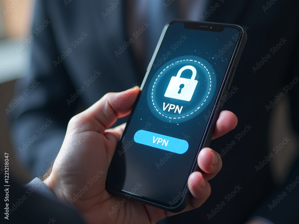 Aufkleber a person uses a smartphone with a vpn icon on their virtual screen to connect to a secure vpn networ