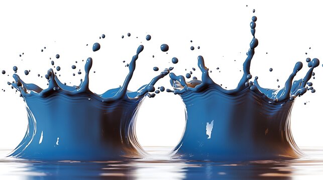 A creative abstract water splash design, with water droplets frozen mid-splash, capturing a burst of motion and energy on a pure white background