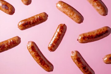 Delicious grilled sausages falling against a vibrant pink backdrop, creating a visually appealing and appetizing scene