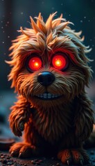 Close-up of shaggy monster's glowing red orbs, creature eyes, red glow, monster vision