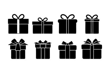 Gift box flat line silhouette stamp glyph set. Editable stroke universal kit icon site sticker label festive surprise mystery wrapping birthday decorating stencil decor design 