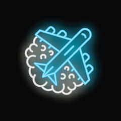 Neon airplane flying through a brain with clouds symbolizing travel planning