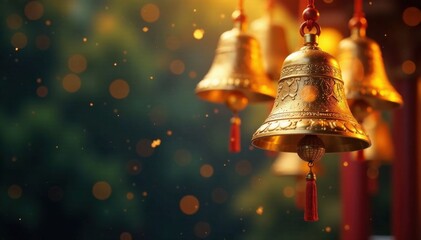 Obraz premium Glittering gold bells suspended in mid-air, festive ambiance, winter decor, golden bells