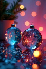 Fototapeta premium Glass ornaments shimmering in soft light , blue background, shining decor