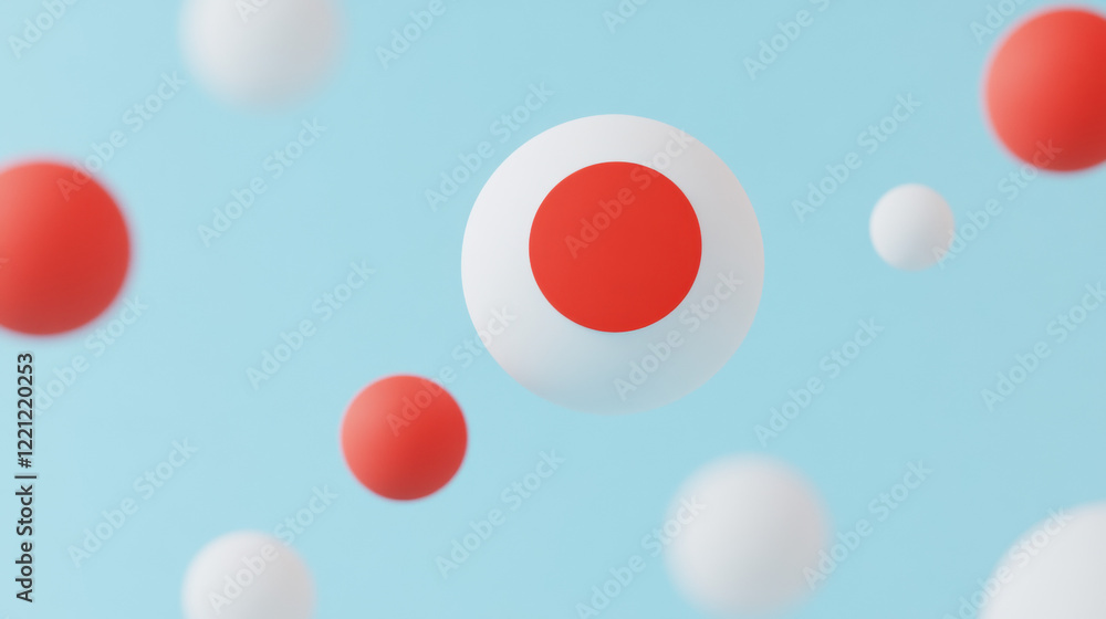 Poster policy revision, colorful abstract spheres in a light blue background, featuring red and white eleme