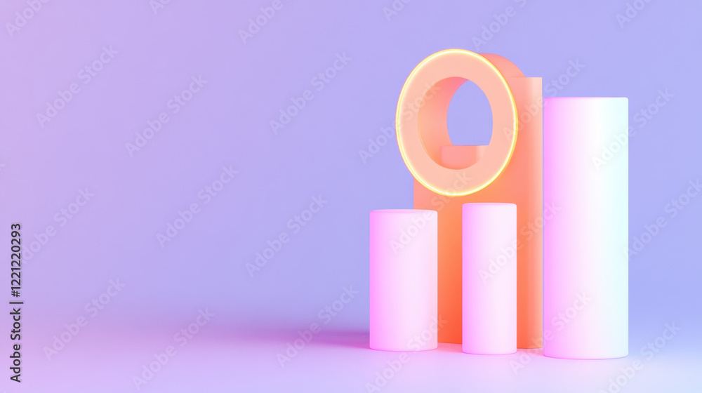 Aufkleber policy revision, abstract 3d illustration of colorful cylindrical graphs with a glowing ring, repres