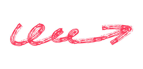 Hand drawn simple arrow drawn with wax crayon, chalk or charcoal. Uneven dry texture for underlining highlighting. Pencil drawn lines, strikethrough, grungy vector isolated on white