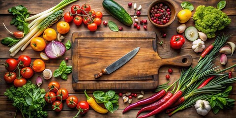 Fresh produce selection on a rustic wooden cutting board with knives and garnishes , rustic, fruit,  rustic