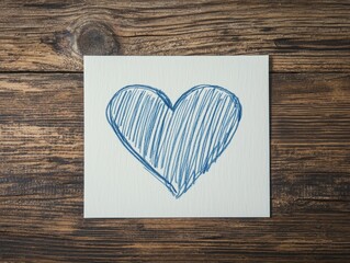A hand-drawn blue heart on a textured wooden background, symbolizing love and affection.