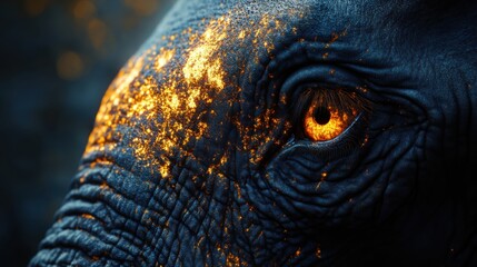 Naklejka premium Close-up of an elephant's eye illuminated by golden light, showcasing intricate textures and colors