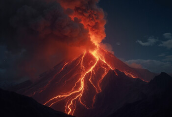 Fototapeta premium Fiery volcanic eruption at night with flowing lava and thick ash clouds, a dramatic display of natural power