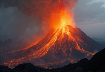 Intense volcanic eruption with glowing lava flows and thick ash clouds