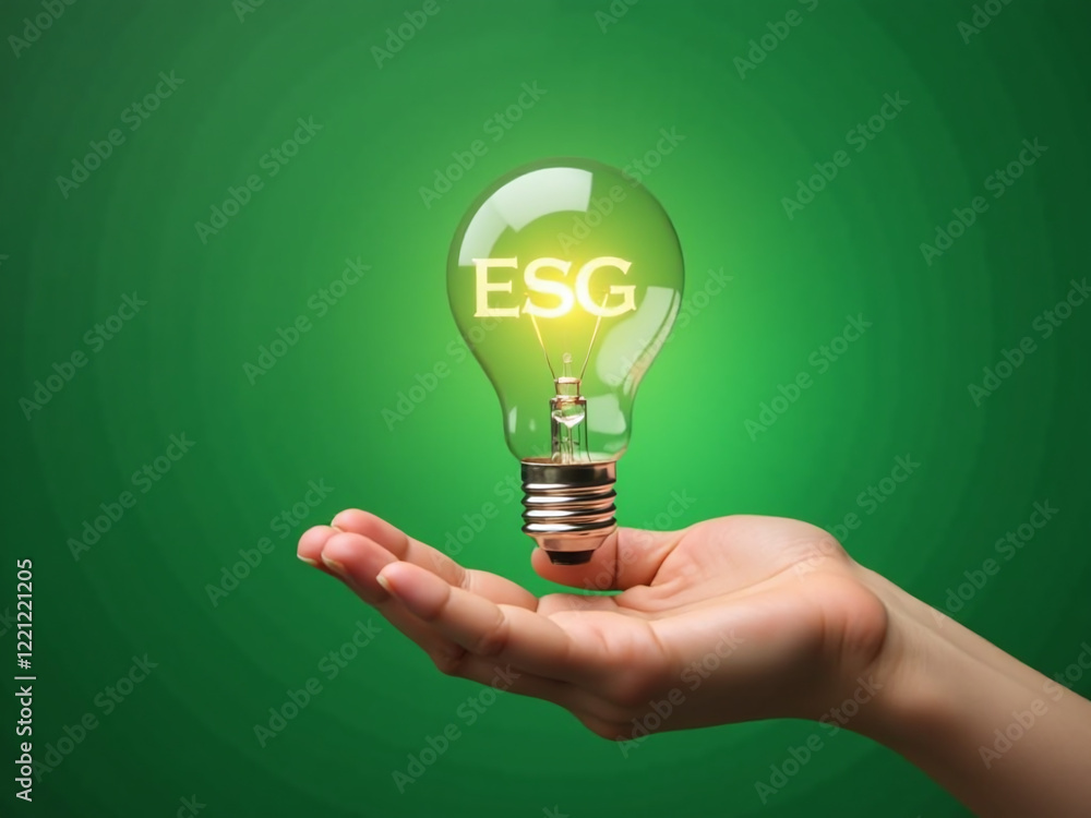 Poster a hand holds a light bulb with an esg icon on a green background to represent sustainability and eth