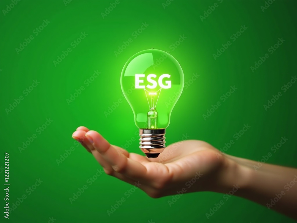 Poster a hand holds a light bulb with an esg icon on a green background to represent sustainability and eth