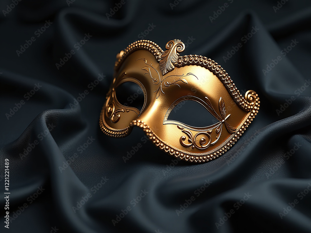 Poster a golden venetian mask rests elegantly on a dark silk backdrop, its intricate details softly illumin