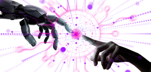 PNG, Human Hand Touching Robot Hand with Futuristic Digital Interface and Transparent Background