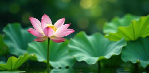 Obraz premium Exotic green lotus stem emerging from the pond surface, surface, stem, pond