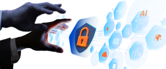 PNG, Hands Protecting Digital Security Interface with AI Technology and Transparent Background