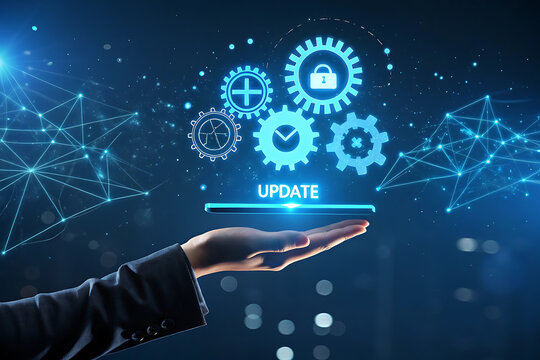 Operating system upgrade concept, installation app and software update process, modernize user equipment, update modern functions, developer released new version Improved security. User is downloading