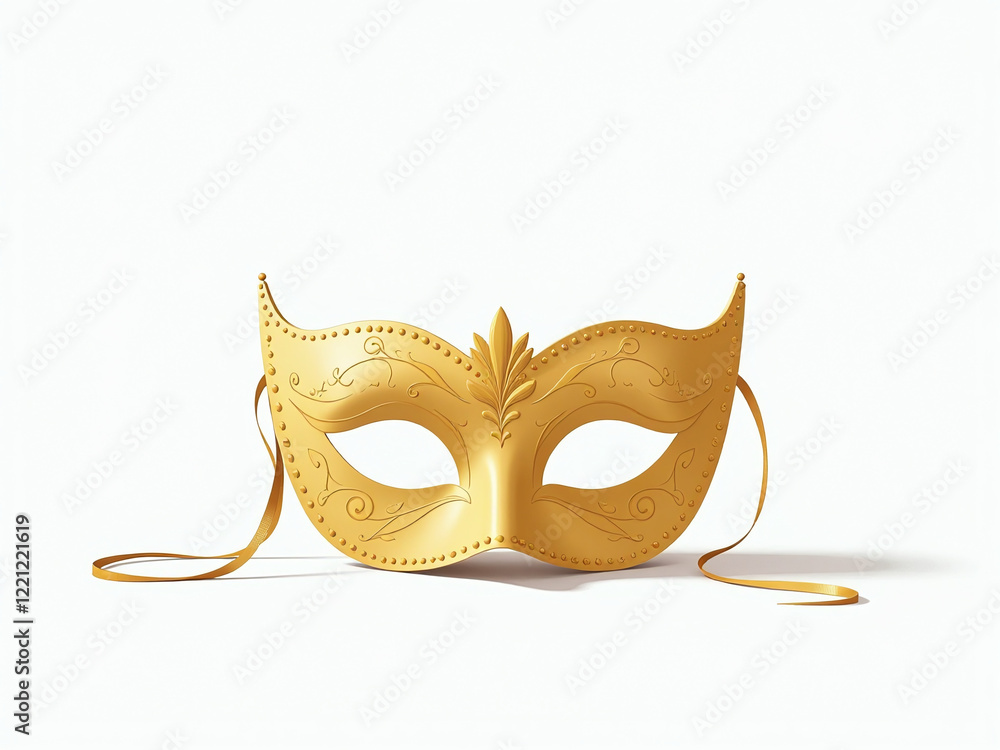 Poster a golden carnival mask sits alone against a plain white background in a simple yet elegant compositi