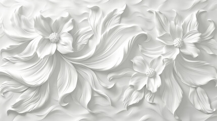 Elegant white floral relief design with intricate details and flowing shapes, creating serene and sophisticated atmosphere. Perfect for backgrounds or decorative elements