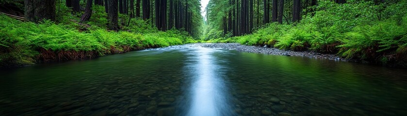 A tranquil river flows through a lush forest, surrounded by vibrant greenery and tall trees, creating a serene natural landscape.