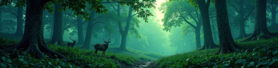 Fototapeta premium Green trees and wildlife in a twilight forest, twilight forest, woodland landscape, blue shadows