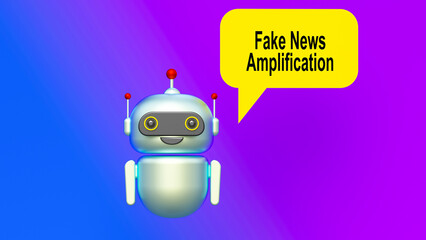 Fake News Amplification text in speech bubble and helpful 3d artificial intelligence robot. Color gradient background