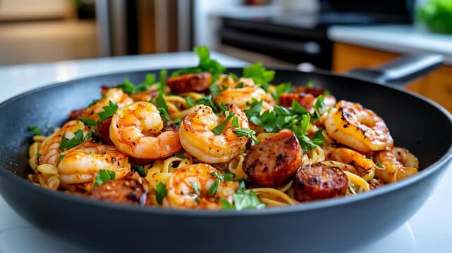 Plat de p&acirc;tes avec des crevettes gambas, chorizo et herbes.