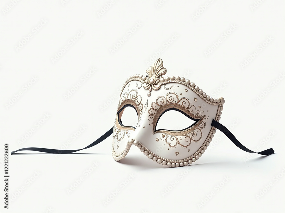 Poster a delicate venetian carnival mask sits alone on a crisp white surface surrounded by nothing but empt