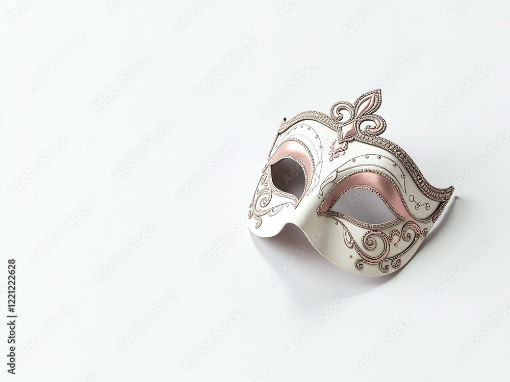 Poster a delicate venetian carnival mask sits alone on a crisp white surface surrounded by nothing but empt