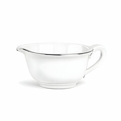 White ceramic gravy boat, silver rim, isolated, food service