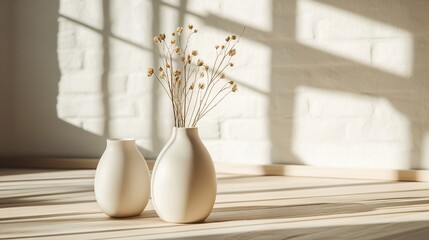 Minimalist vases with dried flowers casting shadows in sunlight.