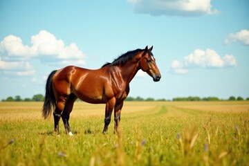Fototapeta premium Horse standing alone in field, landscape, rural scene, horse