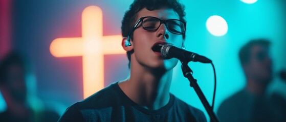 A young musician passionately sings into a microphone on stage, with colorful lights and a cross symbol in the background, creating a vibrant atmosphere of worship and creativity.