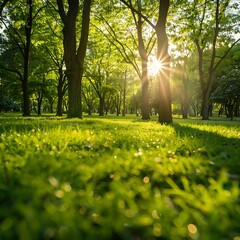 The lovely green trees dazzle with beauty، Serene Morning Light in Lush Green Garden - Fresh Nature Concept Backgrounds، Trees and grass in the city park on a sunny spring morning in Dallas۔

