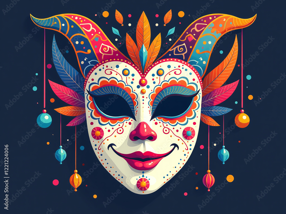 Poster a colorful image of a vibrant carnival mask, intricately designed with patterns and motifs to convey