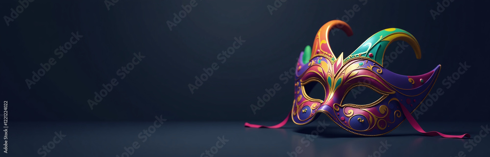 Poster a colorful mardi gras carnival mask sits alone on a dark background with plenty of space for text an