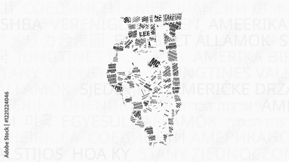Aufkleber Illinois intro animation. State with counties illustration video. Background with state names in various languages. Counties of Illinois animation. Artistic video.