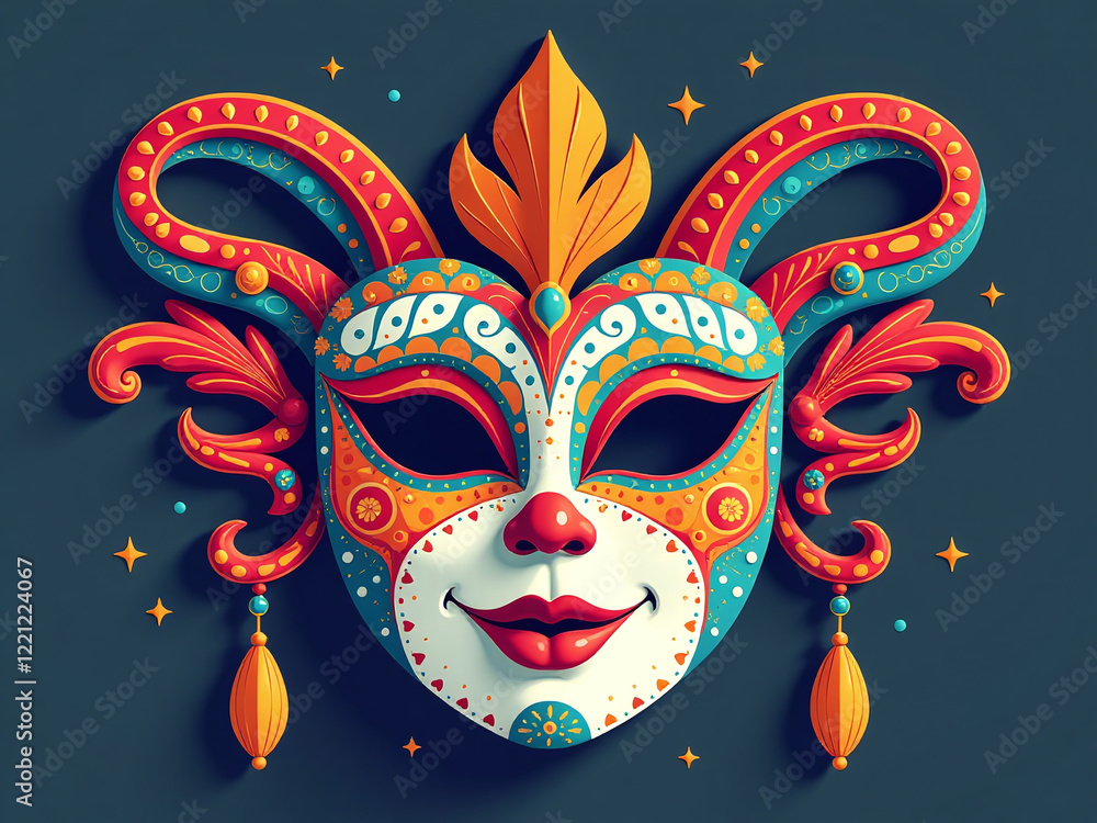 Poster a colorful image of a vibrant carnival mask, intricately designed with patterns and motifs to convey