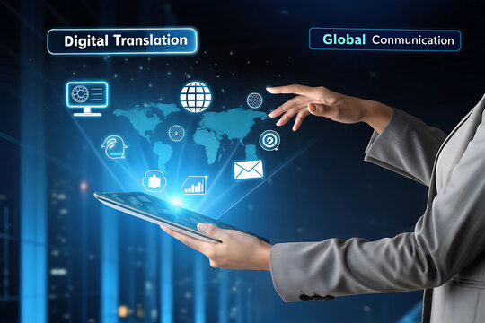 Language interface, holographic display, floating text bubbles, multiple languages, futuristic technology, digital translation, global communication, hands interacting with virtual elements, business 