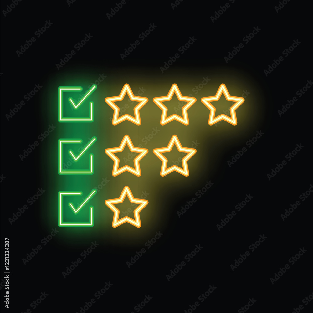 Poster neon sign featuring a customer satisfaction rating system with check marks and stars, glowing on a d