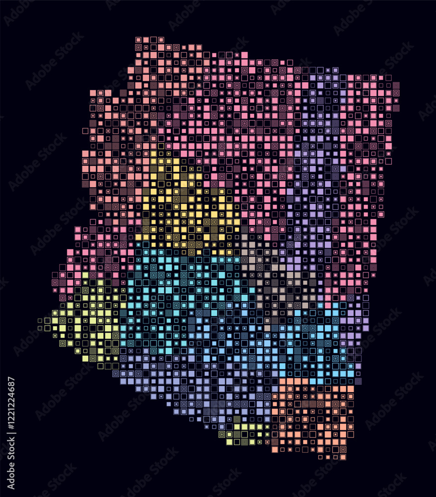 Poster arizona, shape of the state built of colored cells. digital style map of arizona on dark background.