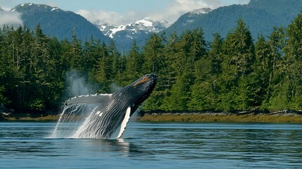 Obraz premium Humpback whale breaching, coastal forest backdrop, wildlife photography